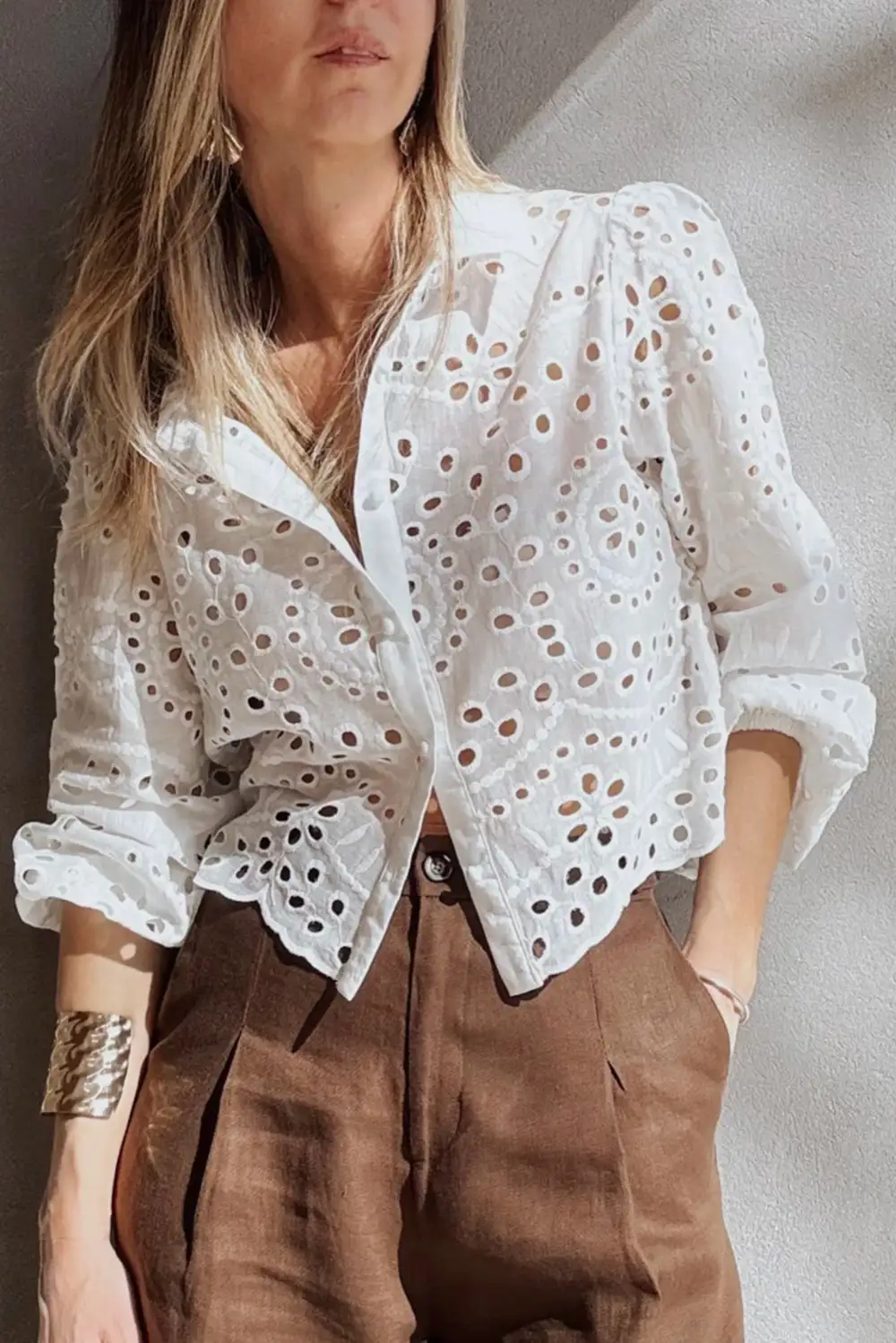 Embroidered Puff Sleeve Casual Shirt