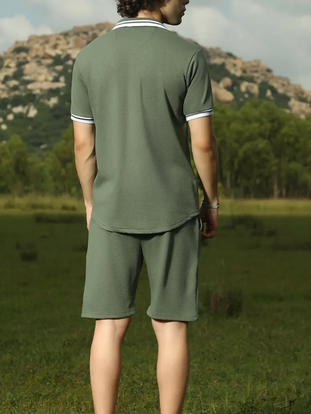 Green Retro Striped Shorts Sets