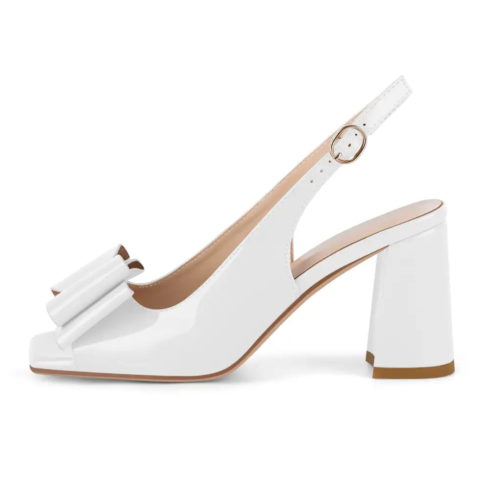 Patent Finish Bow Accent Open Toe Chunky Heel Slingback Pumps