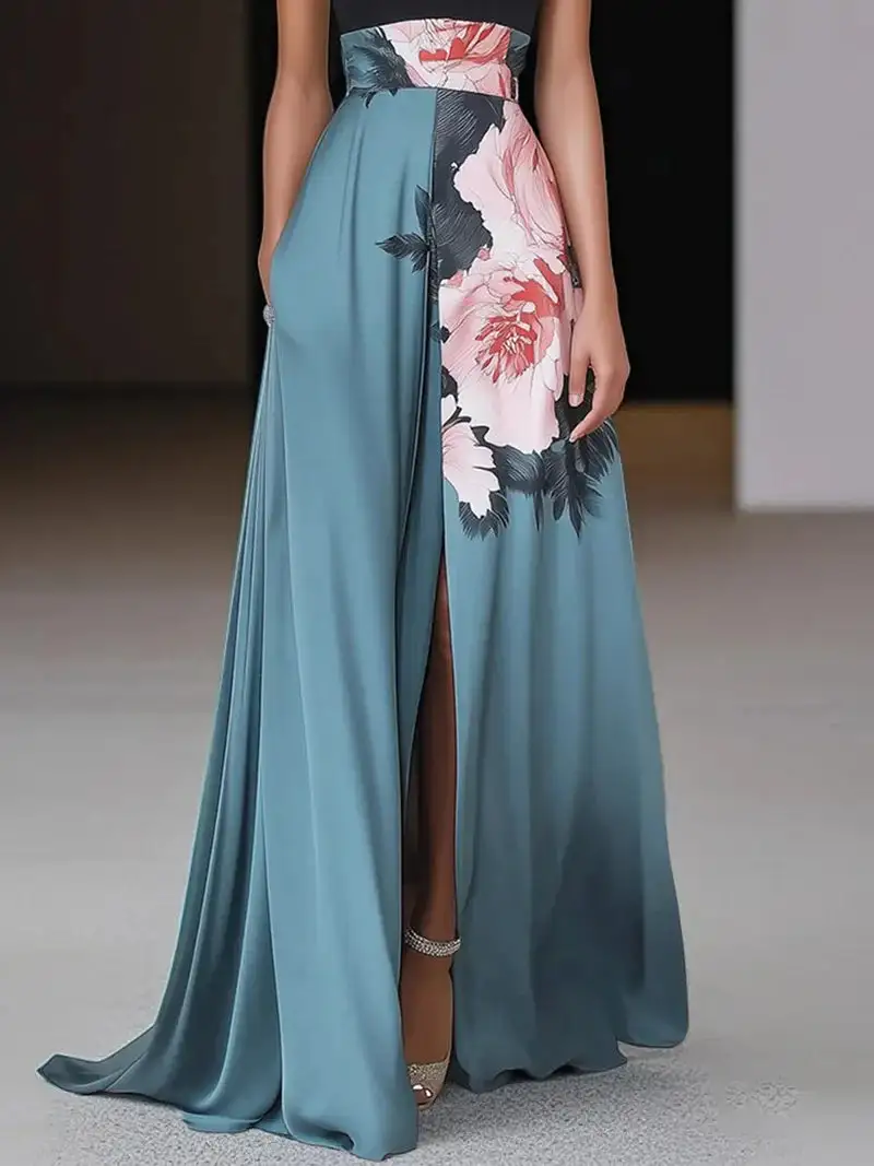 A Line High Neck Sleeveless Floral Maxi Dress