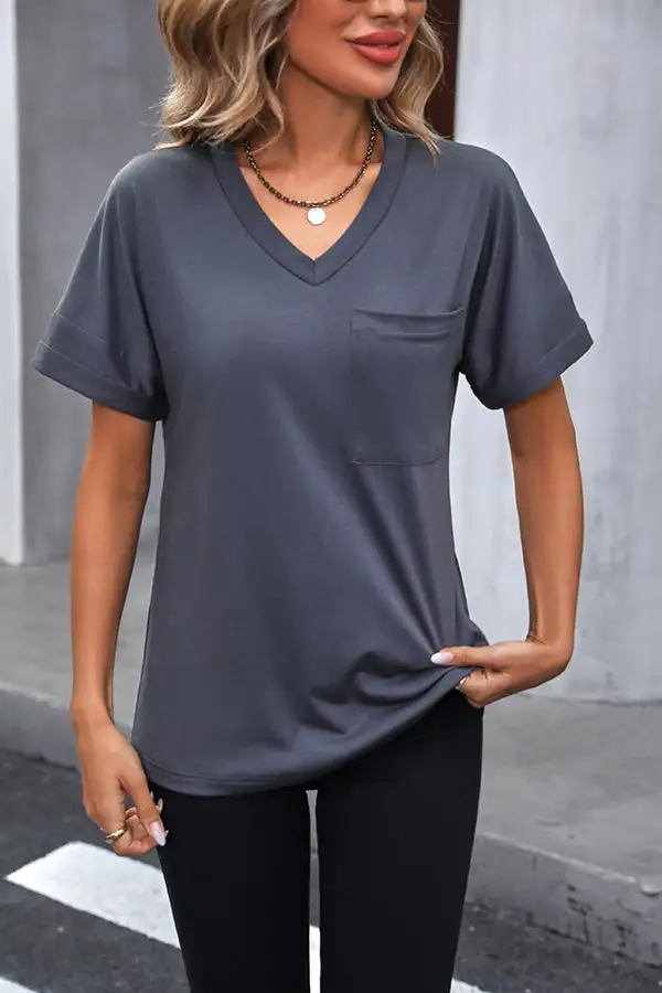 Neck Short Sleeve Solid Casual Tops