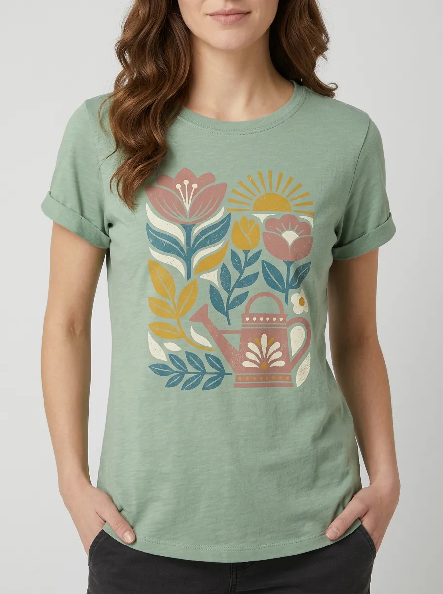 Women's Gardening Floral Watering Can Print T-Shirt