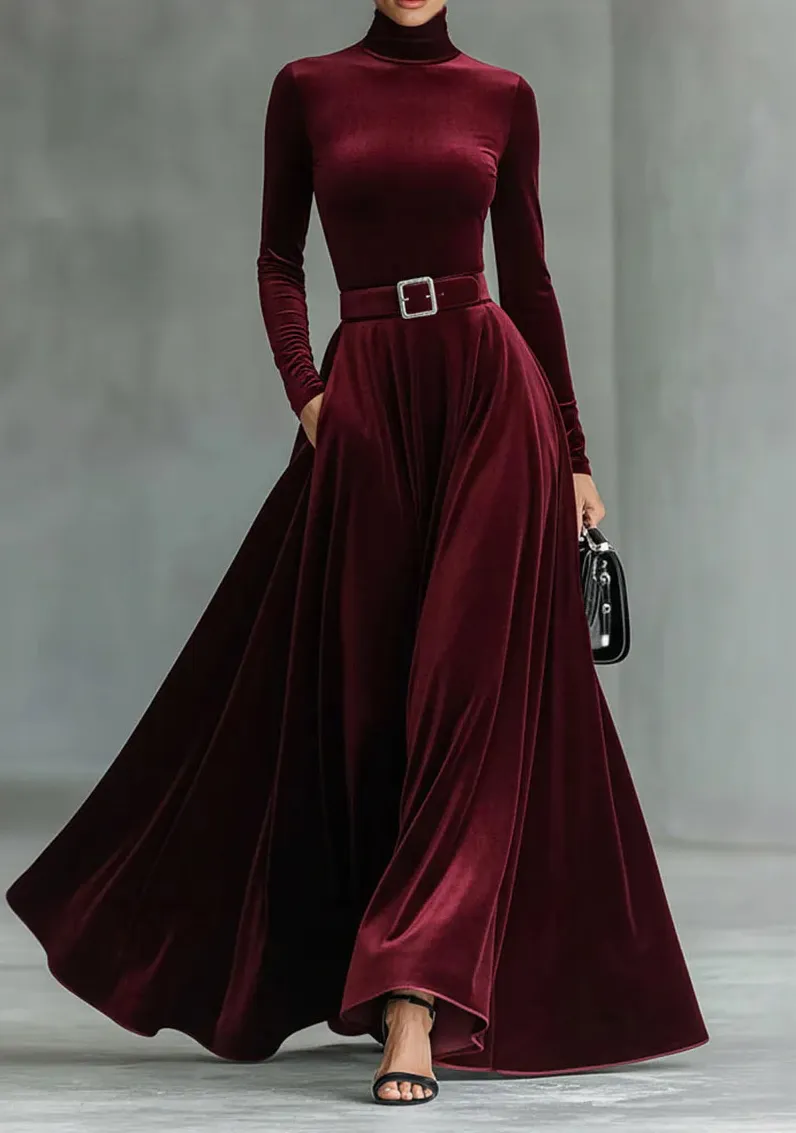 High Neck Velvet Sleeved Maxi Dress