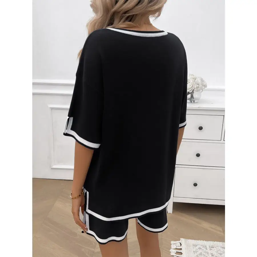 Contrast Trim V Neck Top and Shorts Set
