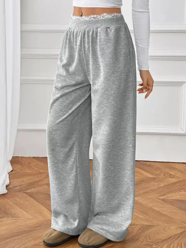 Wide Leg Lace Trim Drawstring Pocketed Pants