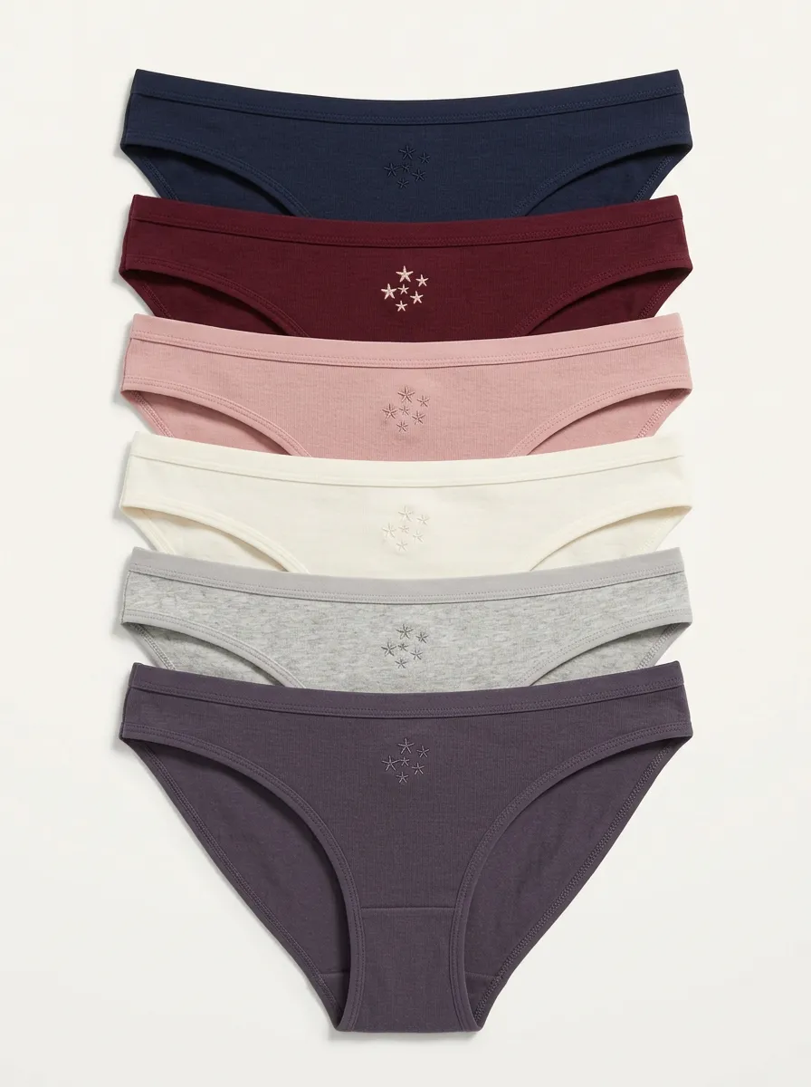 Women's Center-Front Star Embroidered Bikini Briefs Six Pack