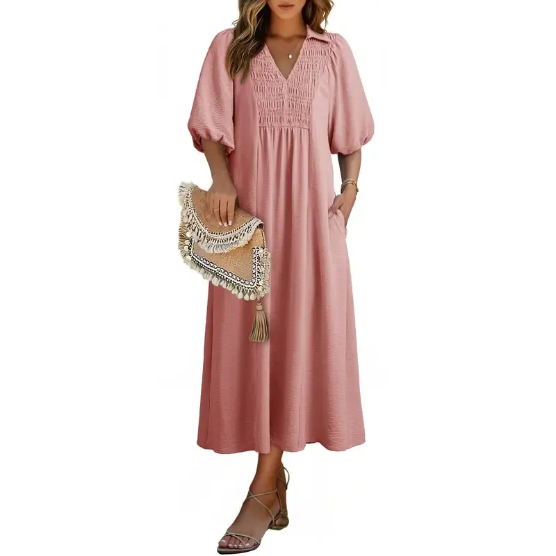 Casual V-neck puff-sleeve high-waist A-line long summer dress