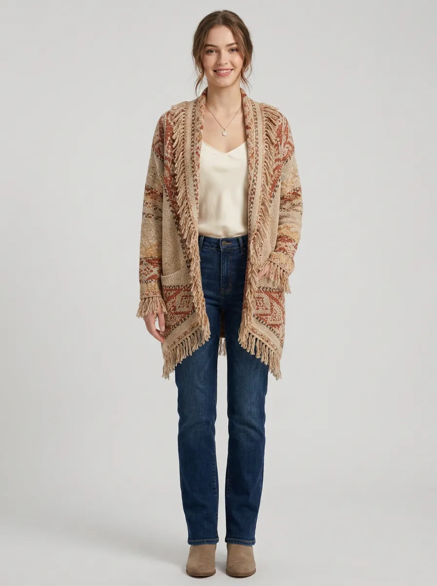 Women's Patterned Fringe Open-Front Cardigan
