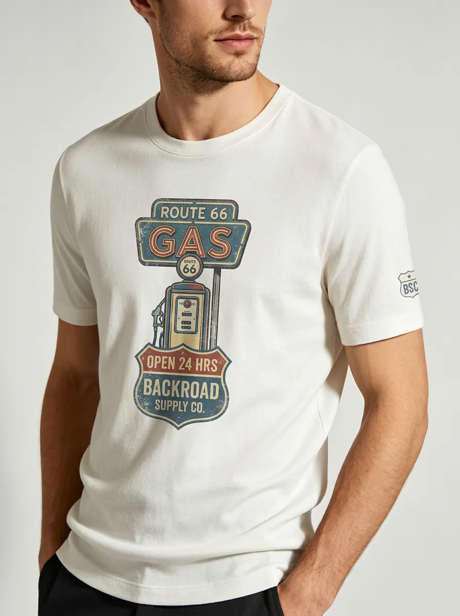 Men's Route 66 Gas Station Vintage Sign Printed T-shirt