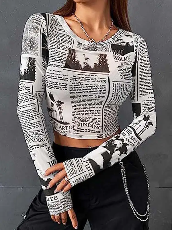 Long Sleeve Slim Fit Letter Print Round Neck T-Shirt