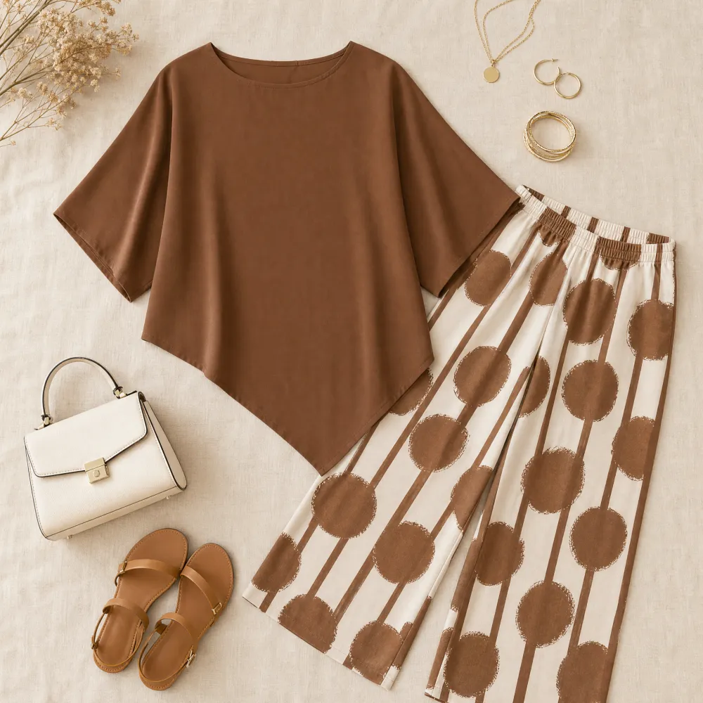 Asymmetric Drape Print Pants Set