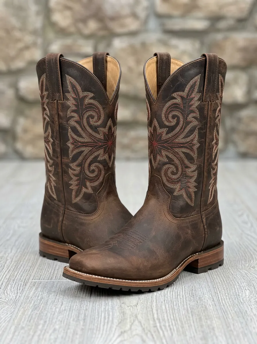 Men's Western Tonal-Embroidery Mid-Calf Pull-Tab Stacked-Heel Distressed Cowboy Boots