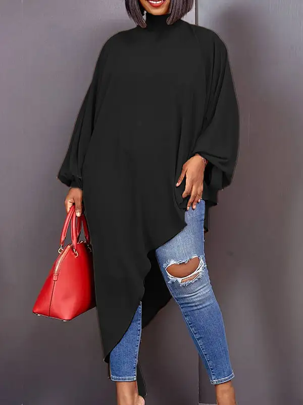 Relaxed Sheer Long Sleeve Asymmetric High Neck T-Shirt