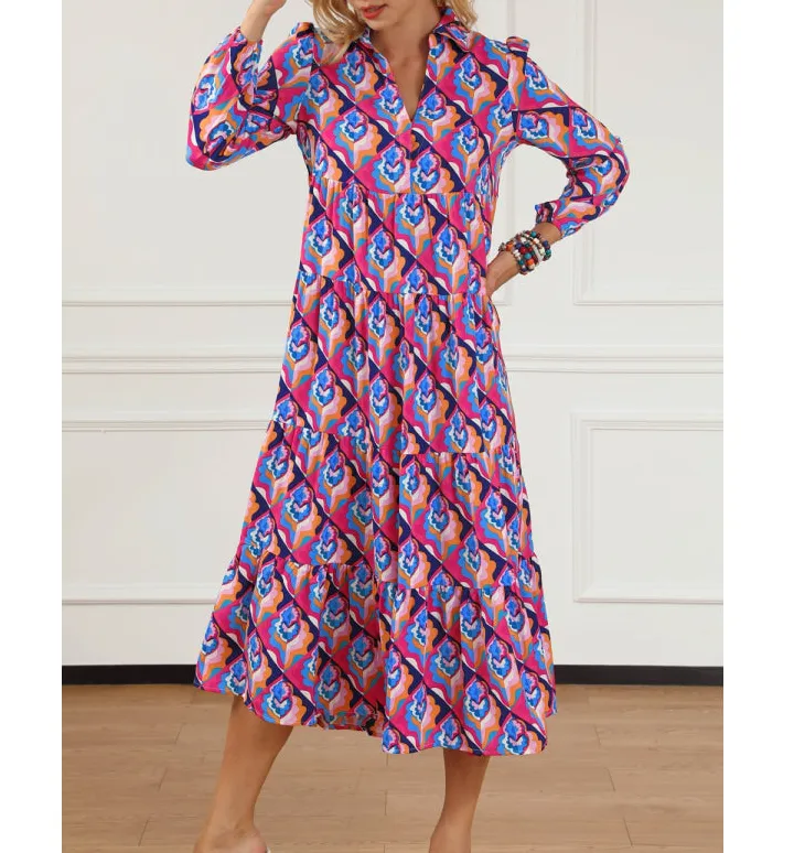 Collared Collared Neck Long Sleeve Midi Dress