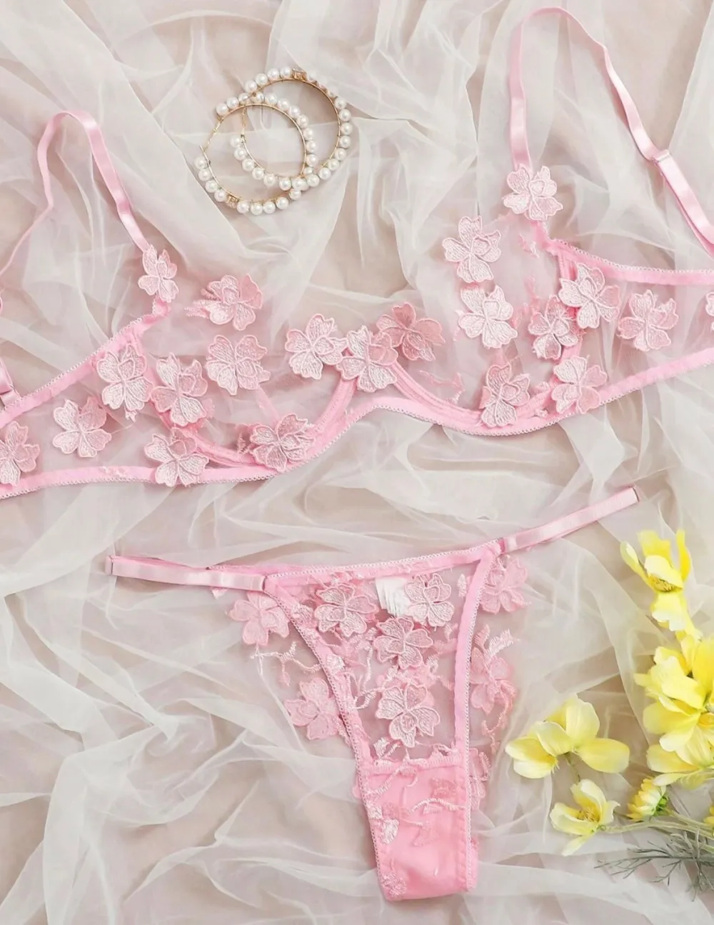 Soft Floral Embroidered Lingerie Set