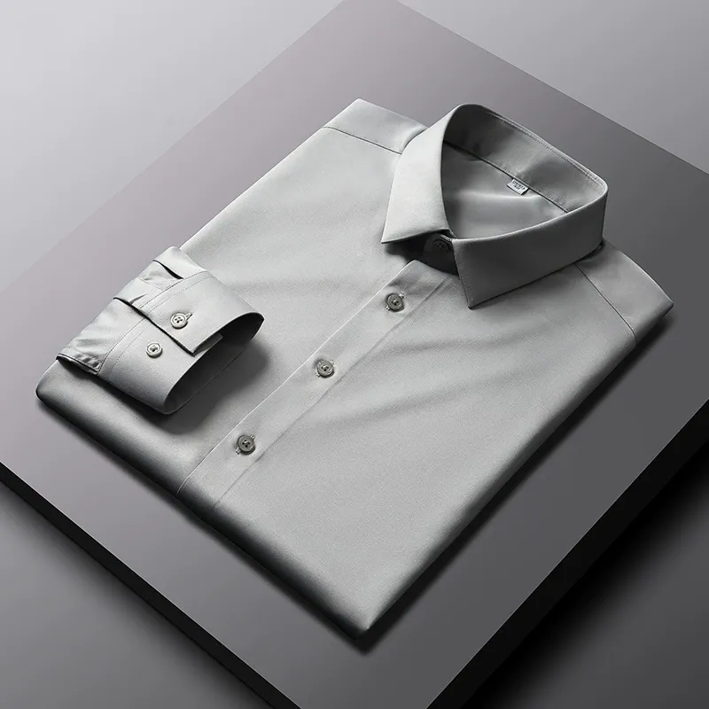 2025 New Elastic Silk White Shirt Men'S Long Sleeve Iron-Free Solid Color Breathable Casual Slim Business Men'S Shirt