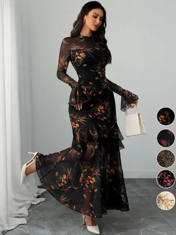 Women's Floral Print Dress, Elegant Gothic Long Sleeve Dress for Party Holiday Wedding Guest, Ladies Clothes for All Seasons