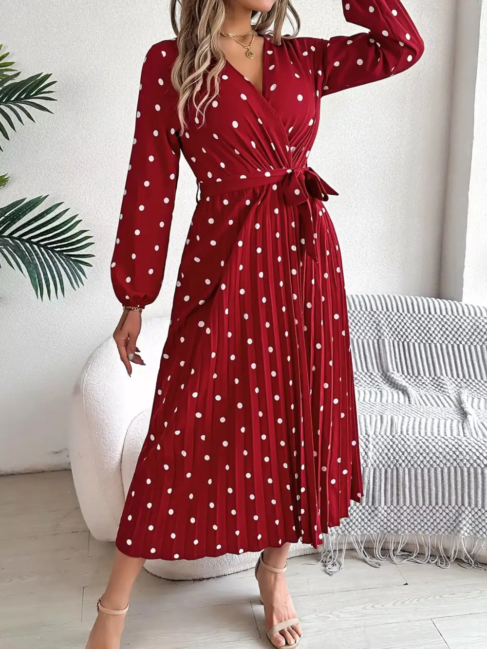Polka Dot Pleated Midi Dress