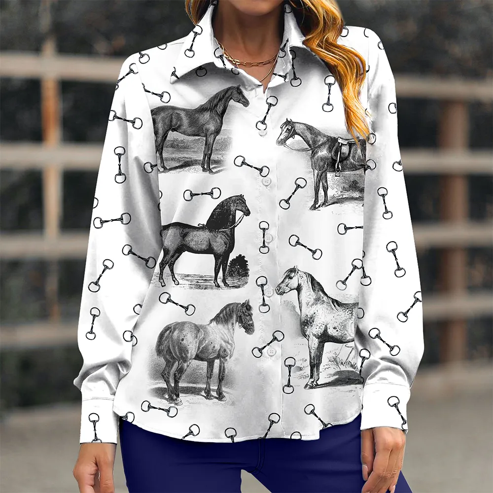 Women's Horses Print Long Sleeve Lifestyle Casual Button Shirt