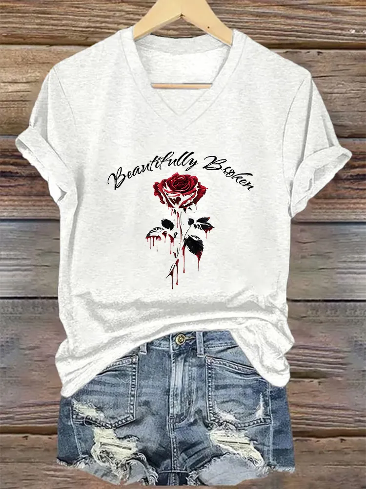 Women's Beautifully Broken Rose V - Neck Tee