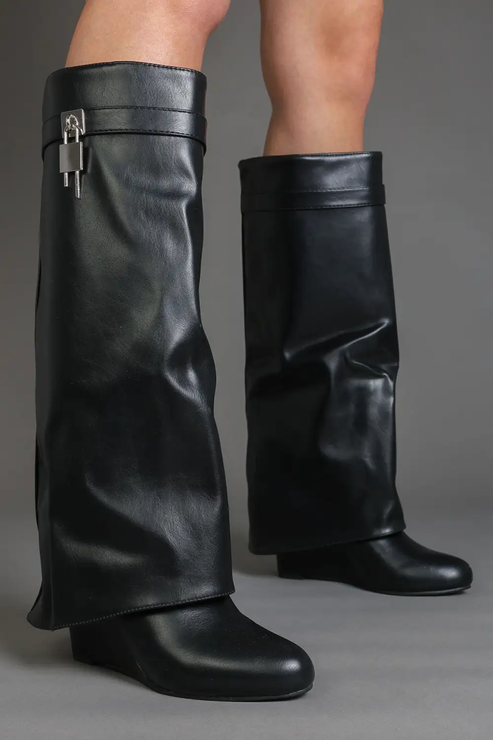 Western Fold-Over Padlock Detail Wedge Knee High Boots