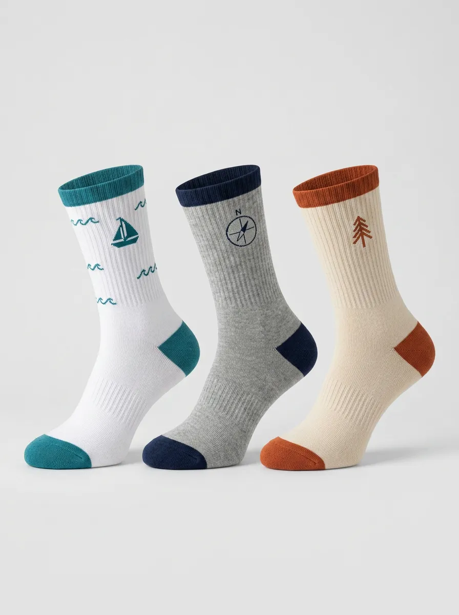 Unisex Outdoor Adventure Three-Pair Embroidered Crew Socks