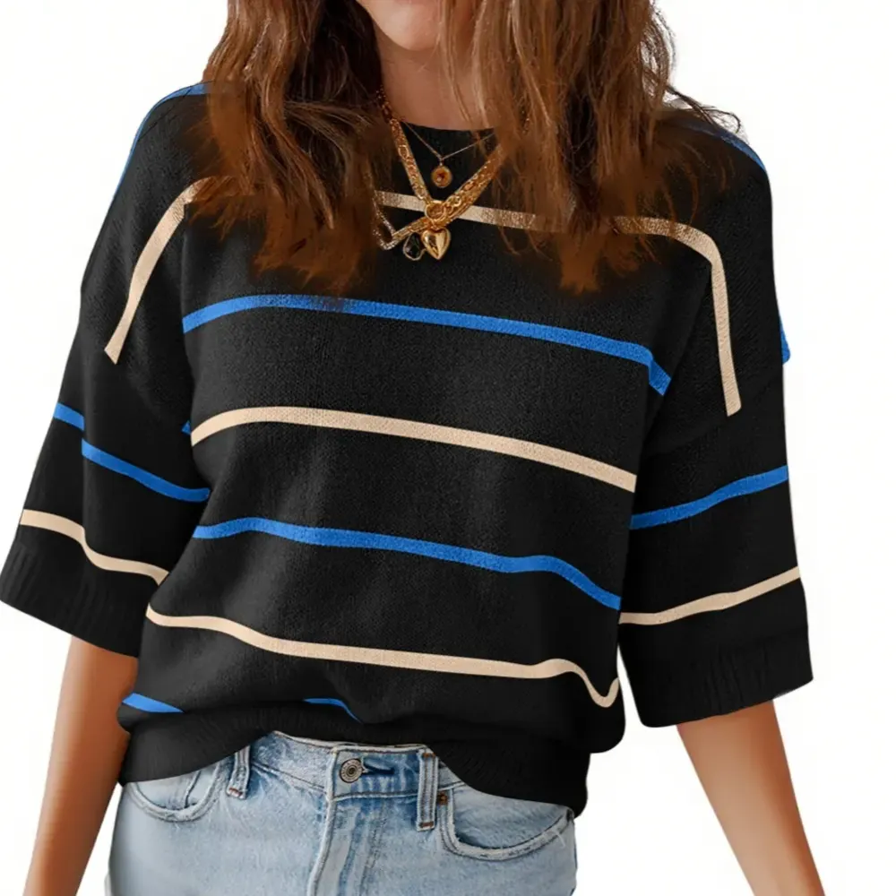 Women'S Short-Sleeved Striped Sweatshirt For Spring And Summer