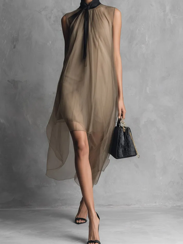 Elegant Sleeveless Asymmetric Sheer Chiffon Midi Dress