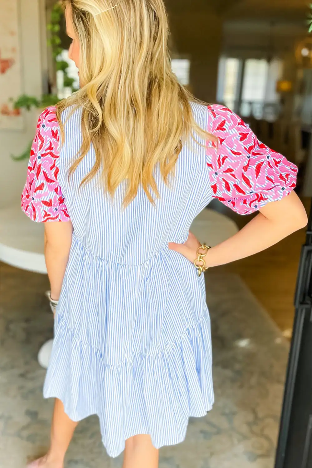 Floral Striped Ruffle Trim Mini Dress