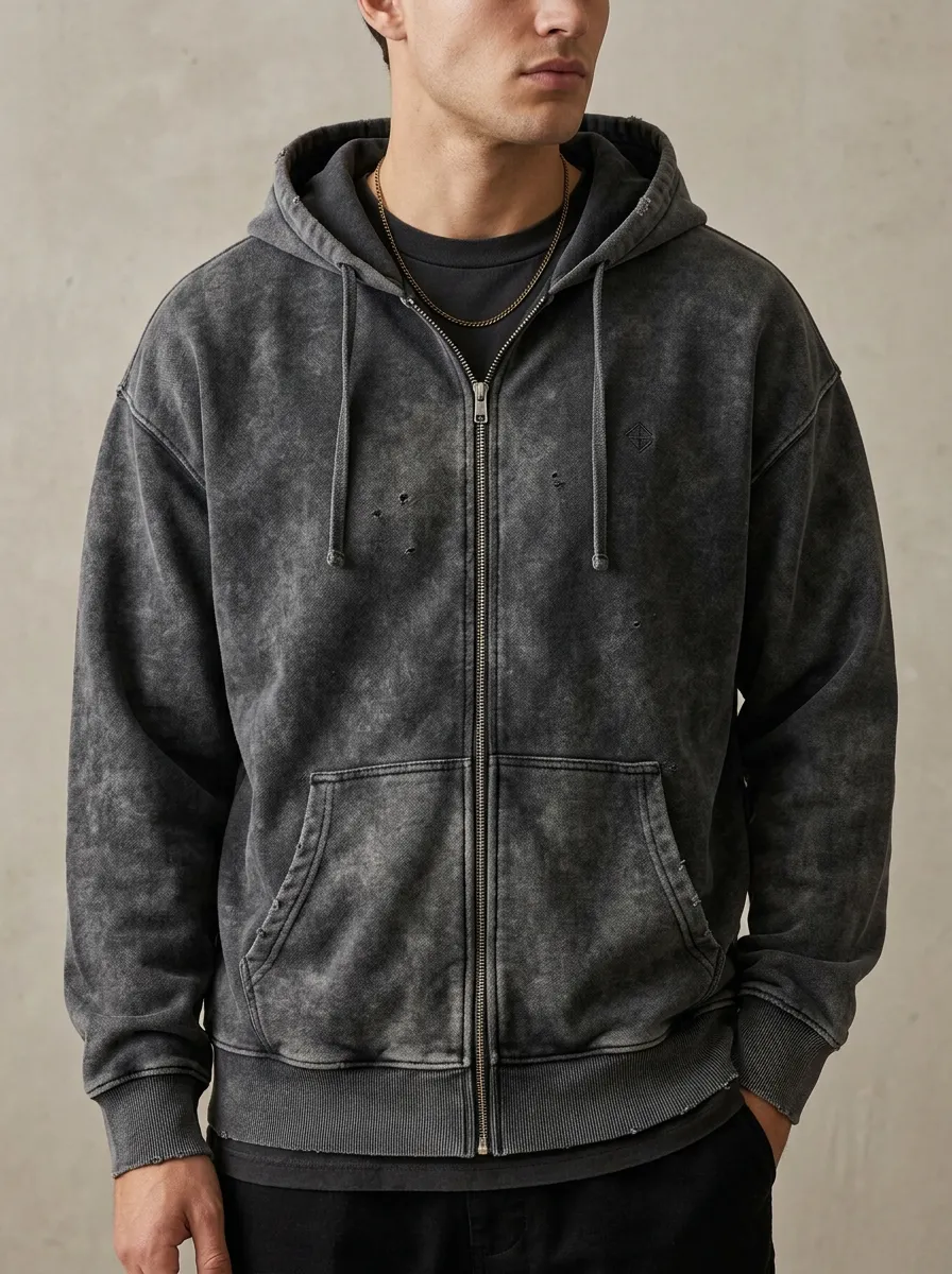 Men's Vintage Distressed Acid Wash Zip Up Hoodie