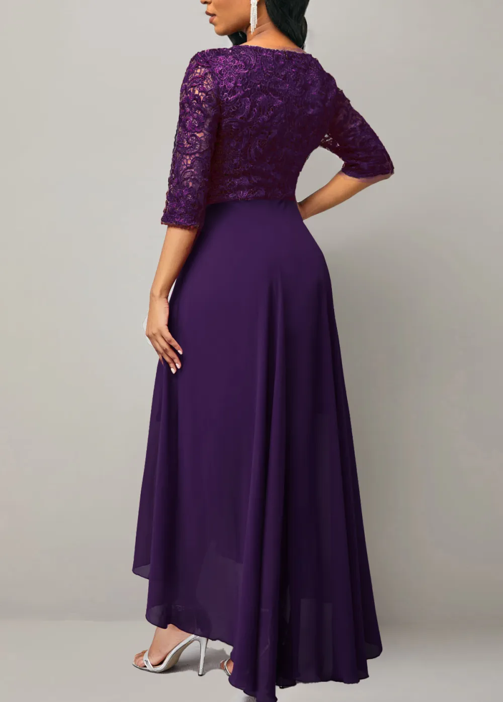 Lace Patchwork Half Sleeve Purple Dress