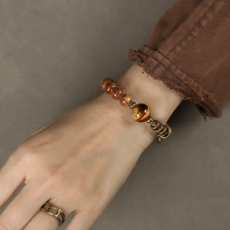 Kuka Seed Tiger Eye Obsidian Brass Copper Bracelet