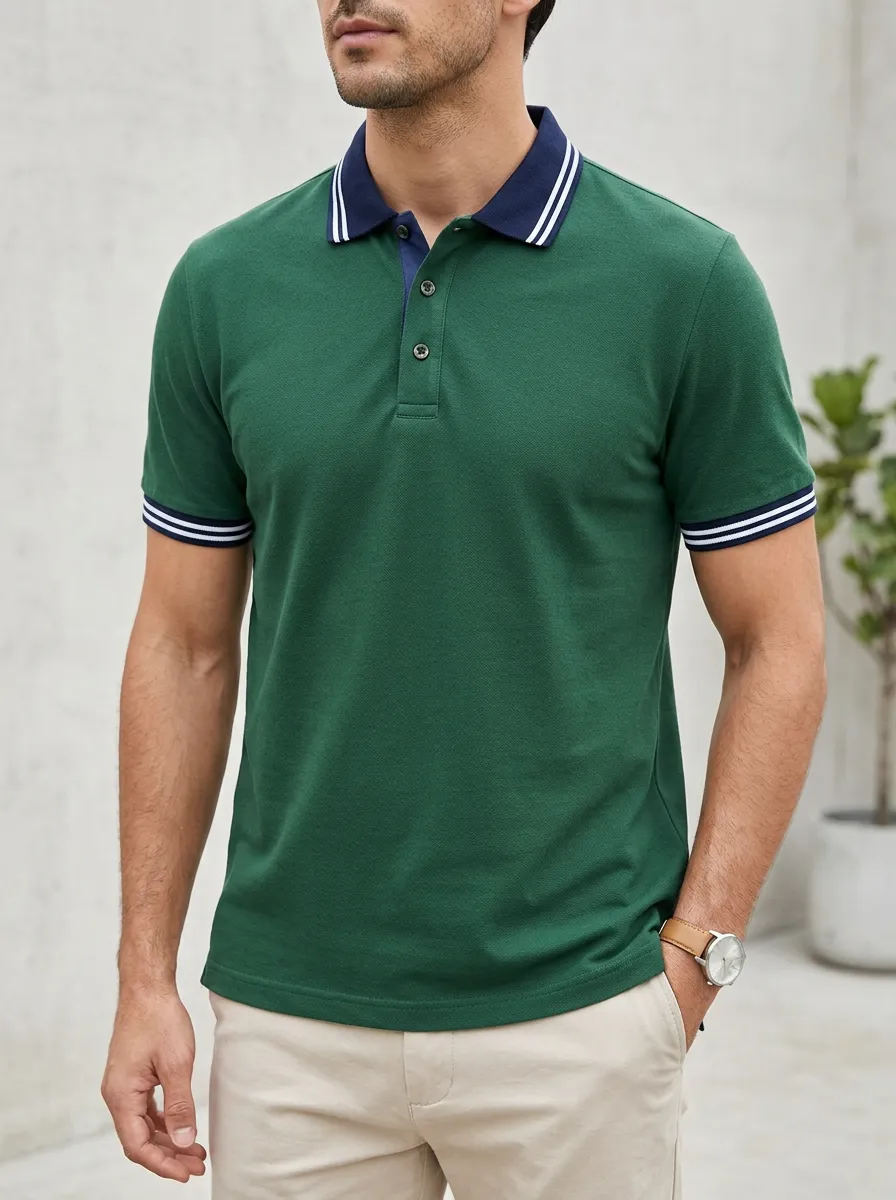 Men's Ribbed Textured Striped Tipped-Collar Polo Shirt