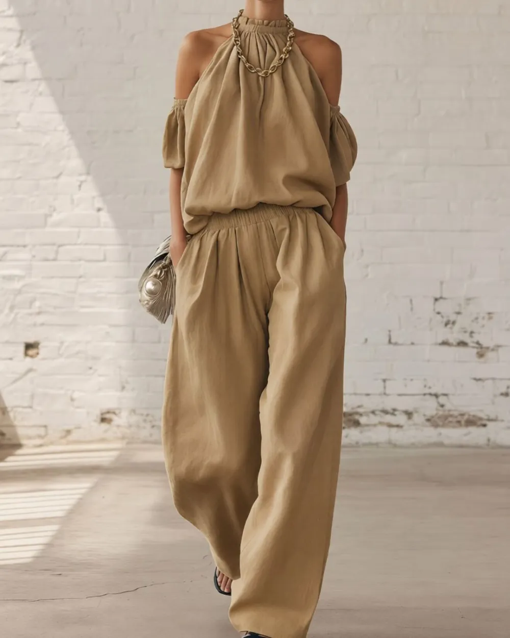 Folds and Halter Closure Casual Wide Leg Pants Set