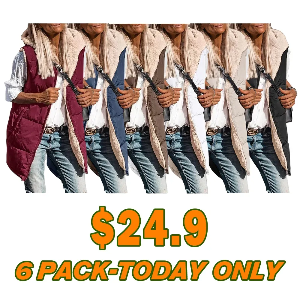 Women's military green double-faced fleece vest with pockets and a hood, long zip-up coat