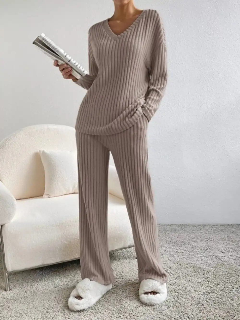 Classic Ribbed Knit V Neck Top and Pants Set