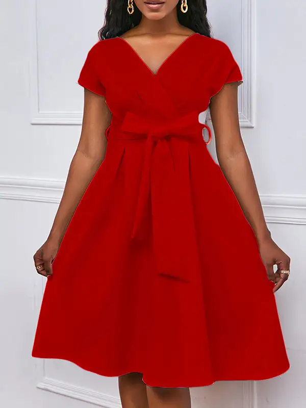 Bowknot Lace Up Solid Color V Neck Midi Dress