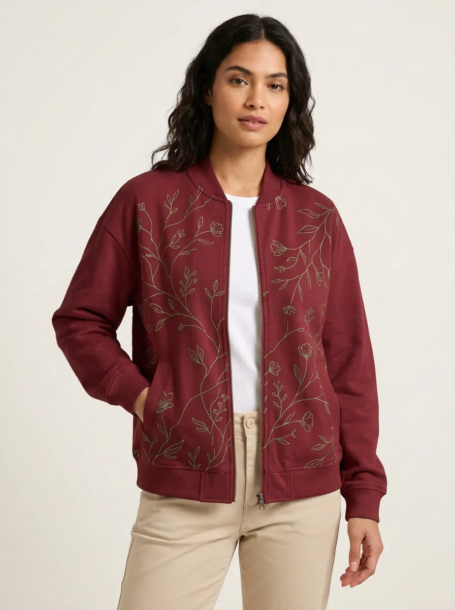 Women's Botanical Floral Line Art Printed Bomber Jacket