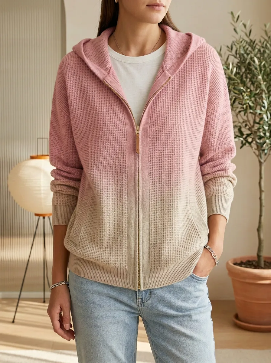 Waffle-Knit Zip-Up Ombre Women's Hooded Knit Cardigan