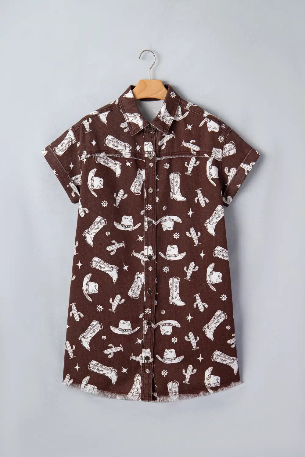 Printed Denim Button Front Dress Casual