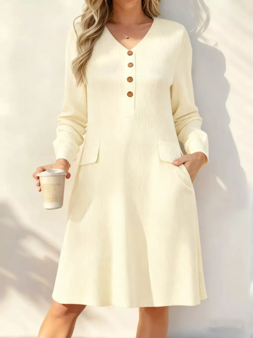 Ribbed Knit V-Neck Dress