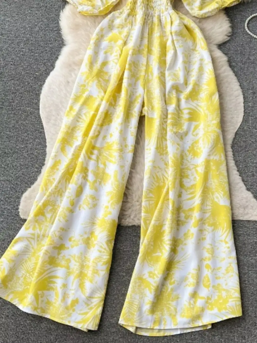 Smocked V Neck Wide Leg Jumpsuit