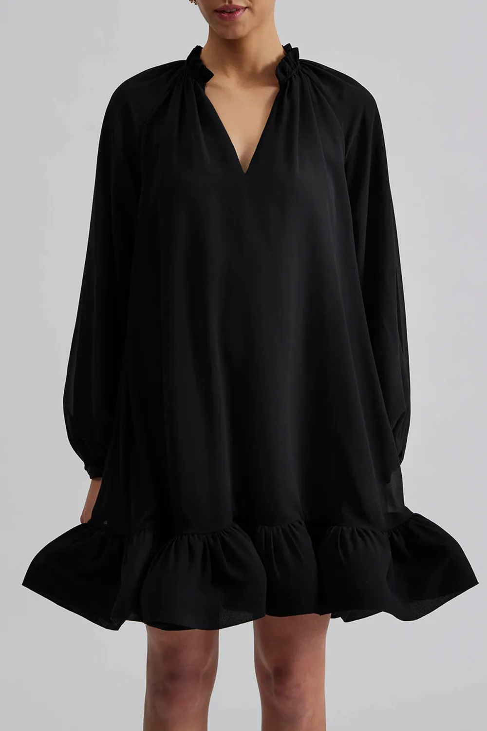 V Neck Ruffled Hem Mini Dress