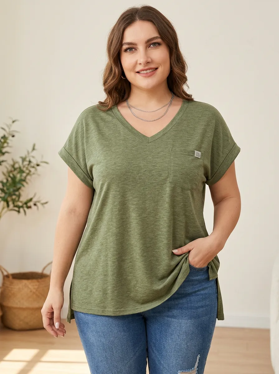 Women's Plus Size Olive Green Pocket V-Neck Loose T-Shirt