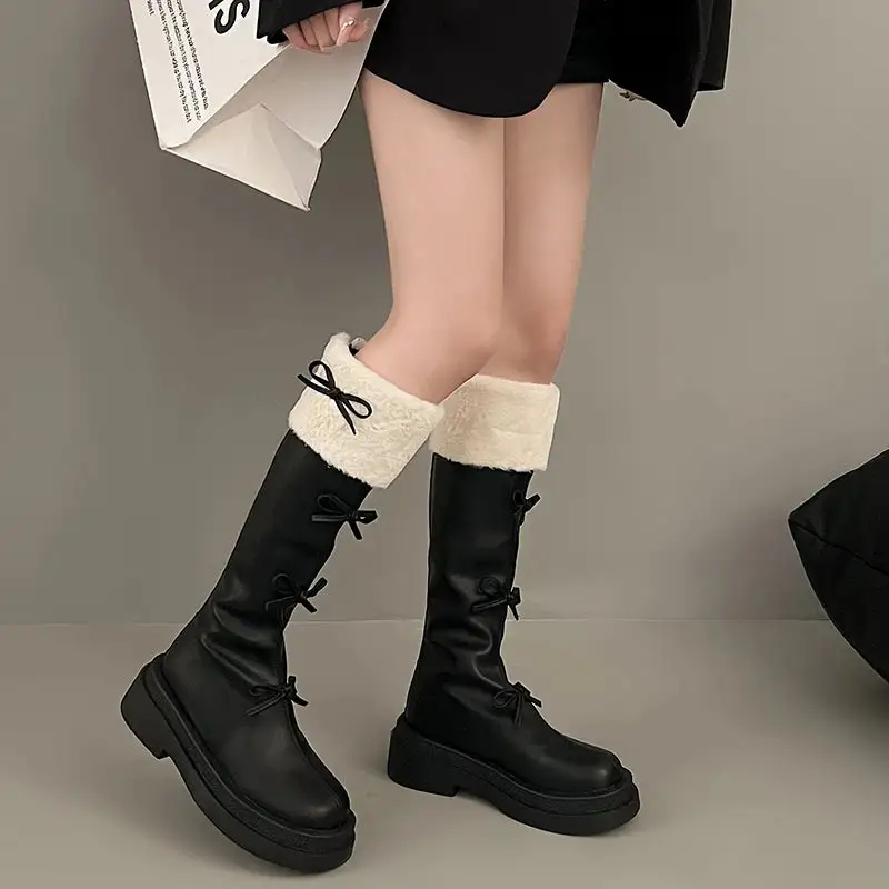 Plush-Lined Round-Toe Square-Heel Knee-High Boots