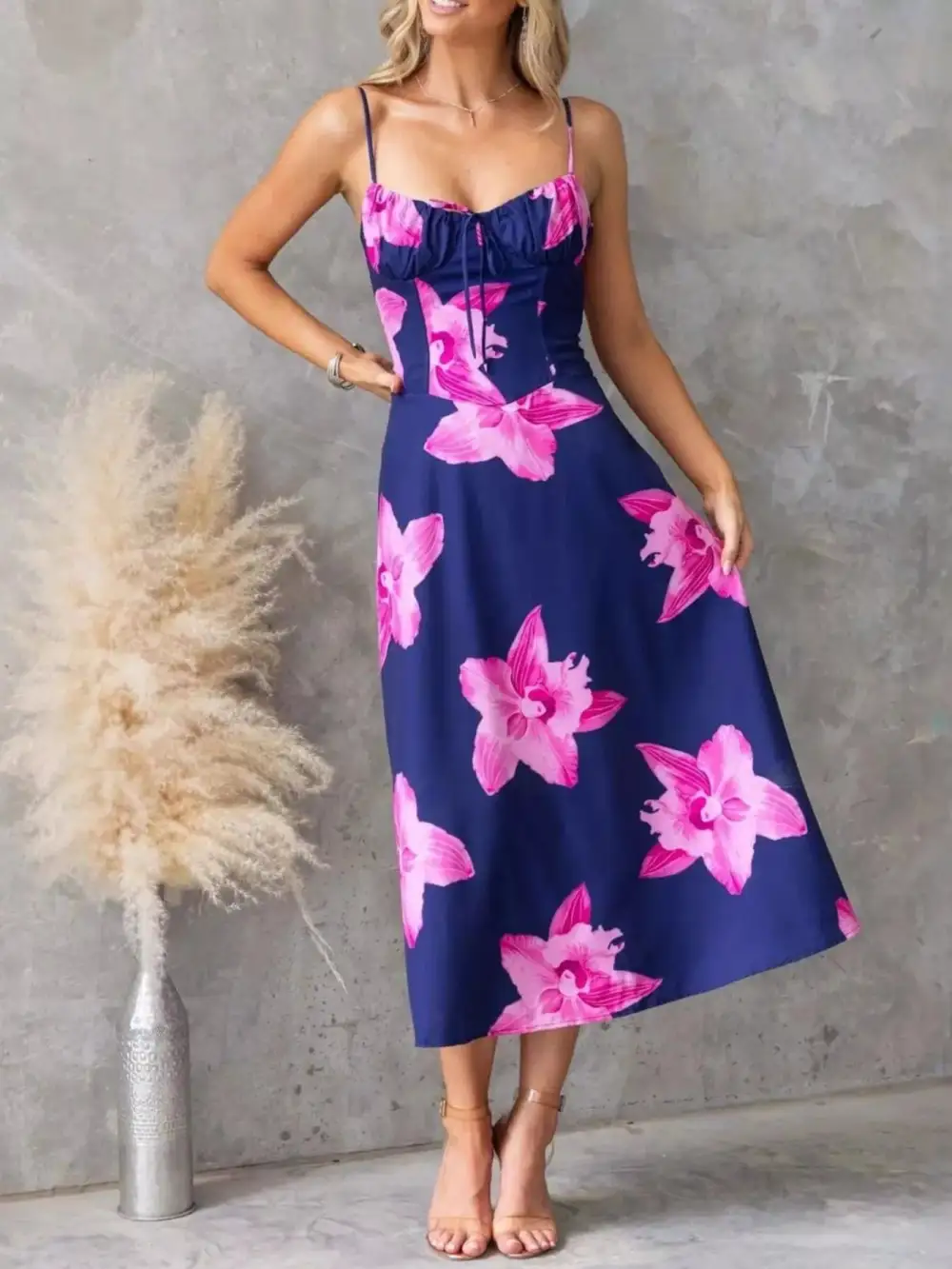 Layered Detail Floral Printed Midi Dress