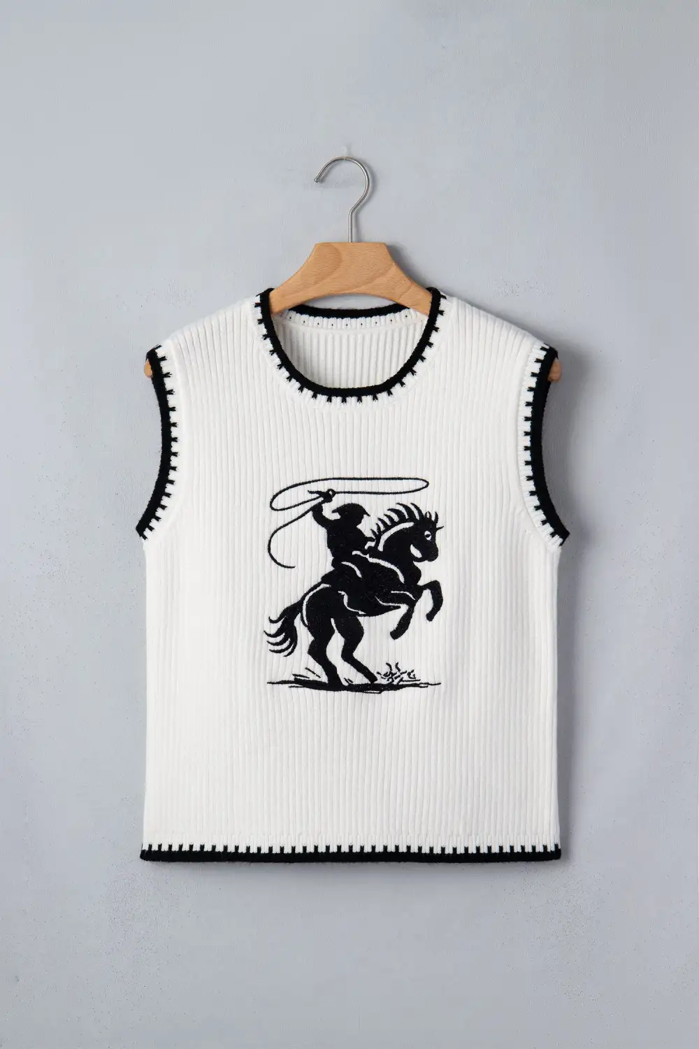 Contrast Trim Round Neck Rodeo Cowboy Sweater Vest