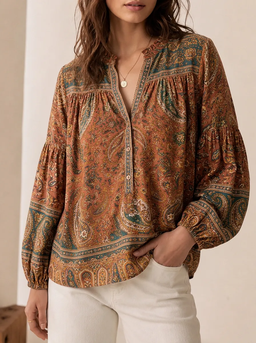 Women's Paisley Split Neck Blouse