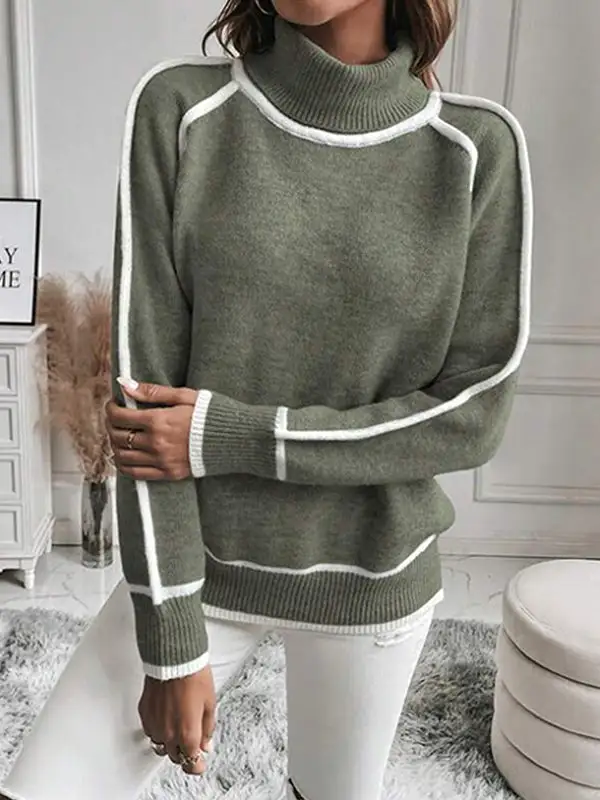 Paneled High Neck Long Sleeve Relaxed Fit Sweater