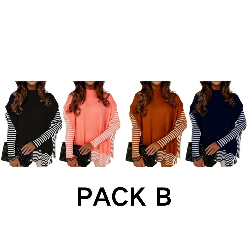 Women's Striped Patchwork Print Batwing Sleeve Split Hem Sweater for Fall & Winter